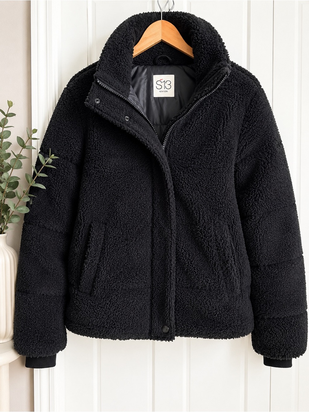 New York Black Sherpa Teddy Puffer Jacket Women’s Sz Small Cozy Zip & Snap Coat